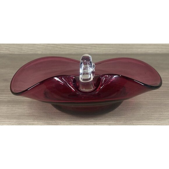 Pilgrim Cranberry Art Blown Glass Bowl Nappy Candy Dish Clear Spiral Handle - Picture 7 of 9